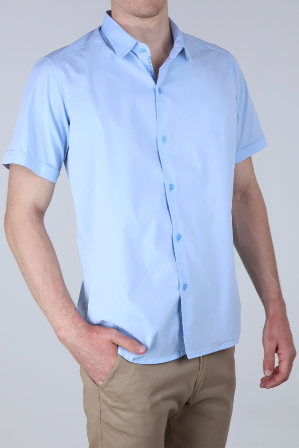 Camisa Azul Cielo Hombre Slim Fit Lisa Manga Corta Ropa Casual
